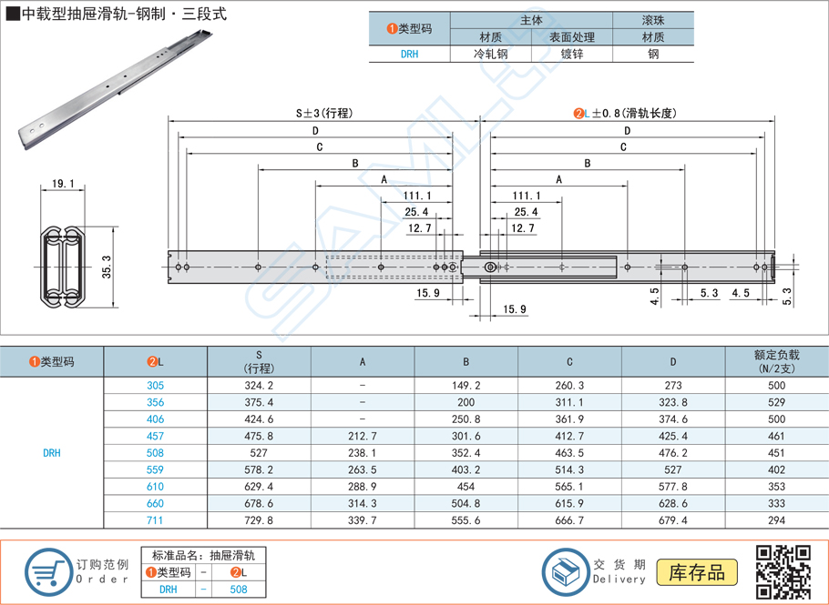 中載型抽屜工業(yè)滑軌-鋼制三段式導軌規(guī)格參數(shù)尺寸材質(zhì)